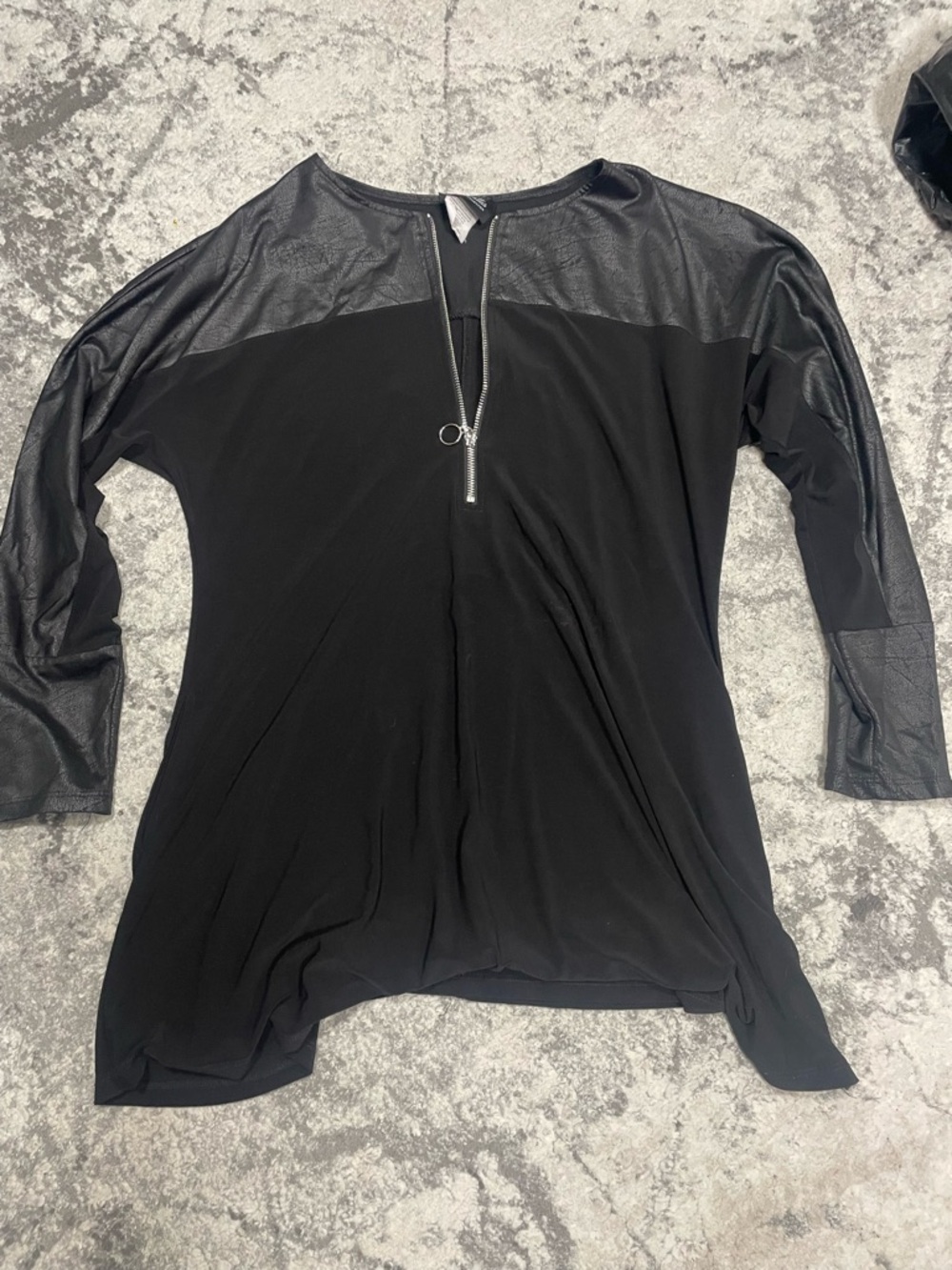Women's Black Zip-Front Tunic with Faux-Leather Panels
